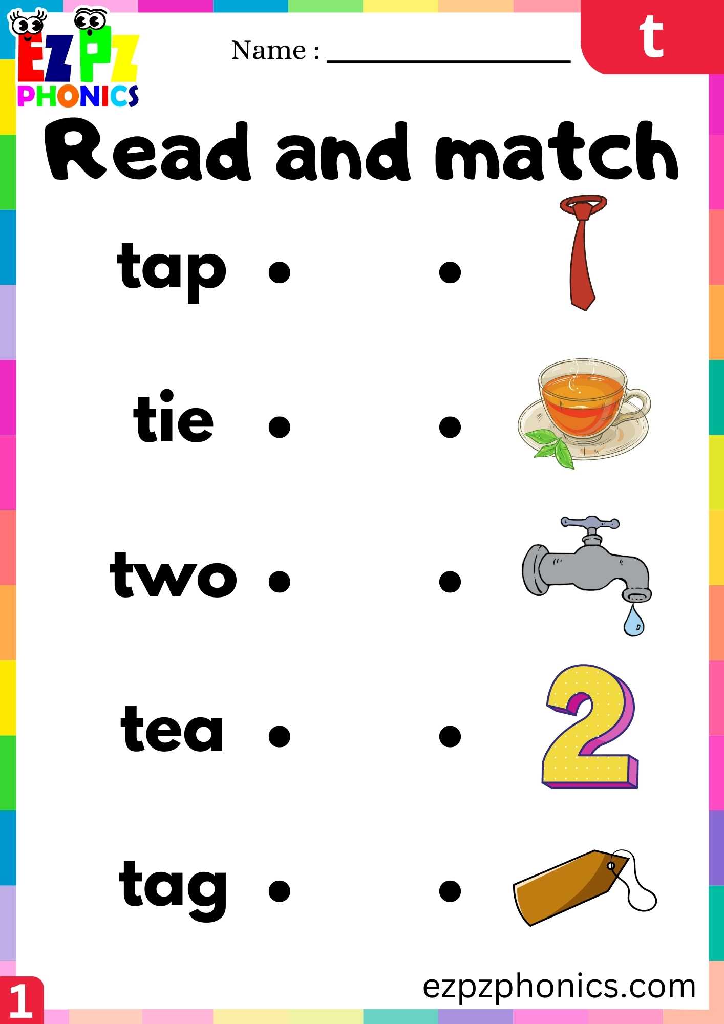 Letter T Read And Match Beginning Sounds Worksheet